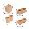 Kitchens Play Food 1Set Wooden Tableware Tools Tea Pot Tea Cup Teatime Party Play Toy Dollhouse Miniature Kitchen Tableware Accessories for Kids 230520