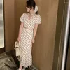 Work Dresses Korean Vintage Women Skirt Sets French Fashion Polka Dot Outifits Puff Sleeve Criss-Cross Crop Top Skirts Set Office Lady Suit