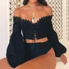 Blouses voor dames elegant wit kanten blouse shirt sexy kruisbanding off shuolder lange mouw uit holte boho dames crop top strand vest