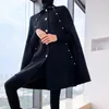 Kvinnors ullblandningar 2023 Autumn Winter Women Elegant Black Cape Warm Woolen Coat Mid-Längd sjal Vintage Löst kappa julkvinna