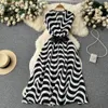 Casual Dresses Vintage Black White Stripe Midi Dress Women's Cross V-Neck Flying Sleeve High Waist Lace Up Belt Office Work Vestidos 2023