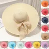 Chapéus largos de largura fluppy meninas chapéu de palha sol com bowknot elegante proteção uv fashion baps for women capeau femme