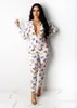 Kvinnors jumpsuits Rompers Adfvat Leopard Butterfly Print Womens Jumpsuit dragkedja Up Deep V Neck Long Sleeve Bandage Club Party Outfit Of642