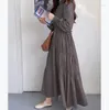 Casual Dresses Vintage Puff Long Sleeve Maxi Dress Women Elegant O-Neck Shirring Slim Fit Chic Black Autumn Streetwear Winter Vestidos