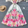 2023 Robes décontractées Summer Runway Fashion Volants Sans manches Floral Imprimer Maxi Robe Femmes Bow Cou Volant Manches Simple Boutonnage 305A