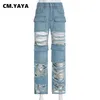 CMYAYA Damesmode Ripped Hollow Out Tassel Pocket Front Safari Style 2023 Zomer INS Street Denim Broek Broeken 230519