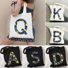 Evening Bags Floral English Alphabet A To Z Initial Letter Print Flower Watercolor Women's Canvas Shopper Tote Bag Reusable Shopping