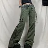 Women's Pants Bandage Low Waist Cargo Gothic Punk Baggy Retro Kawaii Trousers Grunge Green Zipper Jeans Women Korean Sweatpants