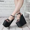 Olomm Handmased Women Platform Sandaler Glitter Ultra High Wedges Heels Open Toe Pretty Black Night Club Shoes Ladies Storlek 4-14