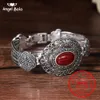 Bangle Natural Oval Red Blue Green Stone Vintage Black Crystal Flower Thai Silver Armband Real 925 Sterling Silver Jewelry for Women