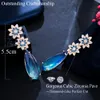 Knot cwwzircões linda flor de flor azul azul azul zirconia cristal longa água brinhos de gotas de água para mulheres Presente de noiva cz949