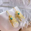 Dangle Boucles D'oreilles Lustre Argent Incrusté Naturel Une Jade Turquoise Goutte Chinois Classique Style National Élégant Femmes Marque Bijoux