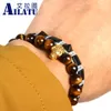 Bangle Ailatu Homens Pulseira de Aço Inoxidável Crânio Macrame Pulseira Não Desaparecer com 10 pçs/lote 8mm Olho de Tigre Amarelo Contas de Pedra