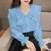 Women's Blouses 2023 Autumn Collar Button Ruffles Chiffon Shirt Female Clothing Oversized Casual Tops Stylish Chic Blouse Womens