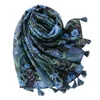 Sciarpe Stile nazionale vintage Stampa floreale blu scuro Sciarpa di seta Sciarpa calda in cotone e lino