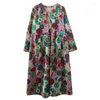 Casual Kleider Frauen Vintage Baumwolle V-ausschnitt Lose Langarm Drucken Floral 2023 Herbst Chinesischen Stil Süße Kleid