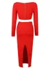 Two Piece Dress Laura Kor Winter Long Sleeve Key Hole Floral Red Midi Bodycon Skirt Bandage Set Celebrity Ngiht Party Women's 230520