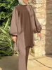 Etnische kleding zanzea 2pcs moslim dames met lange mouwen shirt pants set voor eid al fitr mubarek mode islamitische kleding set Dubai Turkiye match set 230520