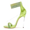 Сандалии Abesire Green Metal Heel Crystal Back Back Lockper High Open Toe Shoes для женщин на каблуках zapatillas mujer