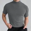 Herrdräkter nr 2-6938 män tunn t-skjorta fast färg hög krage turtleneck kort ärm gata kläder fitness casual kläder 2023 fritid