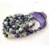 Collares pendientes Calma tus miedos Mala Beads Woemn 8mm Amethysts Green Q-uartz 108 Collar anudado a mano con borla púrpura