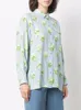 Blusas de mujer, camisa de seda Jacquard de tulipán verde, Top de manga larga de otoño 2023, blusa fresca de una sola botonadura con cuello vuelto para mujer