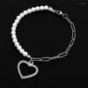 Link Bracelets Stainless Steel Pearl Square Chain Hollow Heart Pendant Charm Bracelet Piece Chaine Homme Femme