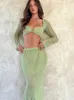 Two Piece Dres Solid Long Sleeve Knit Skirt 2 Pieces Set Knitted Crop Top High Waist Skirts Suit 2023 Summer Female Beach Vocation Outfit 230520