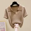 Kvinnors polos 2023 Summer Women Ice Silk Sticked Polo Shirt Kvinnlig kortärmad randig t-shirt damer Lossa avslappnad tunn A151