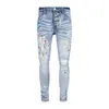 Distressed Ripped Skinny Jeans für Herren, modisch, für Herren, Motorrad, Moto, lang, aus Baumwolle, schmale Füße, High-Street-Denim, hellblau, Stoffpaste, Lochgröße 30–40, Hosen, Hip-Hop-Männer