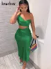 Grundläggande avslappnade klänningar Hawthaw Women Elegant Party Club Evening Birthday Hollow Out BodyCon Stain Green Long Dress Summer kläder Streetwear 230520