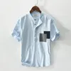 Men's T Shirts Stylish Short Sleeved Stand Collar Linen Quality T-Shirt Men Brand Pullover Top Clothes Patchwork 4 Colors Vetement Homme