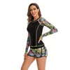 Damen-Badebekleidung, zweiteiliger Rashguard für Damen, langärmlig, Badeanzug, UV-Block, Badeanzüge, Schwimm-Surfshirt mit Jungen-Shorts, Unterteil, Rashguards