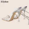 NXY Sandals Designer Transparent fotled snörning Kvinna Elegant Sexig öppen tå Crystal Clear High Heels Wedding Party Shoes 230511