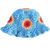 Cappelli a tesa larga Cappello a secchiello con motivo floreale all'uncinetto multicolore pieghevole resistente al sole