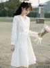 Casual Dresses Deeptown Korean Fashion White Midi Dress Women French Elegant Lace Up Folds Lång ärm A-Line Tunic Fairycore Kvinna