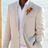 Trajes de hombre de lino Beige para hombre para boda en la playa de verano chaqueta de estilo americano de 2 piezas con pantalones esmoquin de novio a medida moda masculina