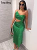 Grundläggande avslappnade klänningar Hawthaw Women Elegant Party Club Evening Birthday Hollow Out BodyCon Stain Green Long Dress Summer kläder Streetwear 230520