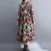 Casual Kleider Frauen Vintage Baumwolle V-ausschnitt Lose Langarm Drucken Floral 2023 Herbst Chinesischen Stil Süße Kleid