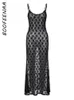 Abiti casual di base BOOFEENAA See Through Abiti in pizzo a rete floreale Y2k Sexy Black Tie Up Scava fuori Abiti lunghi maxi senza schienale Donna C16BI15 230520