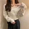 Kadın Sweaters Kore tarzı Bahar Kadınlar Gevşek Uzun Kol V Yez Katı Örme Külot Blusa de Frio Feminina Çekme Femme Süeterler