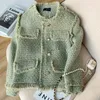 Jackets femininos petiscos verdes de fragrância pequena capa de tweed women 2023 outono inverno elegante damas de peito de peito único S1528