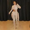 Women's Two Piece Pants Ribbon Mesh See Through Bodycon Sets For Women Sexy Clubwear Crop Top And Leggings Matching Birthday Outfits