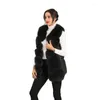 Gilets pour femmes gilet noir vraie fourrure pour femmes veste de haute qualité chaude en hiver avec poche latérale et coutures en cuir