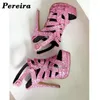 Sandals Hollow Bling Glitter Pink Pumps High Heel Solid Summer Open Toe Platform Sandal For Woman Cutouts Ankle Strap