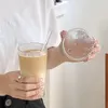 Gestreifte Glas-Strohhalm-Tasse mit vertikalen Streifen, Teetassen, Glas-Kaffeetasse mit Deckel, gerippt, klare Kaffeetasse für Milch, Latte