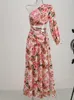 Vestidos casuais 2023 Sexy Slanted Um ombro Slim Chain Floral Maxi Dress Summer Summer elegante Partido de manga longa elegante, mesmo