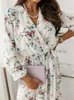 Casual Dresses 2023 Spring Summer Floral Print Maxi Dress Fashion Sexy V Neck Long Sleeve High Waist Belt Holiday Party Daily Wear