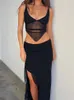 Two Piece Dress CHRONSTYLE Women Sexy 2 Long Skirt Sets Lace Vneck Backless Camis Tops High Split Skirts Summer Outfits Y2K Clubwear 2023 230520