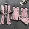 Kvinnors sömnkläder Kvinnors nattkläder Set Satin Nightwear Silk 4 Piece aftonklänning Nattkläder med spetslounge nattkläder med bröstkuddar 230520